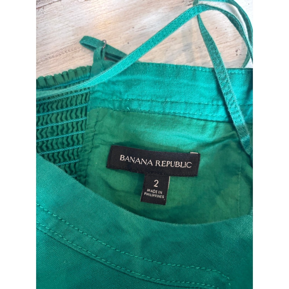 BANANA REPUBLIC midi dress women size 2 green linen blend smocked back pockets - Picture 4 of 11